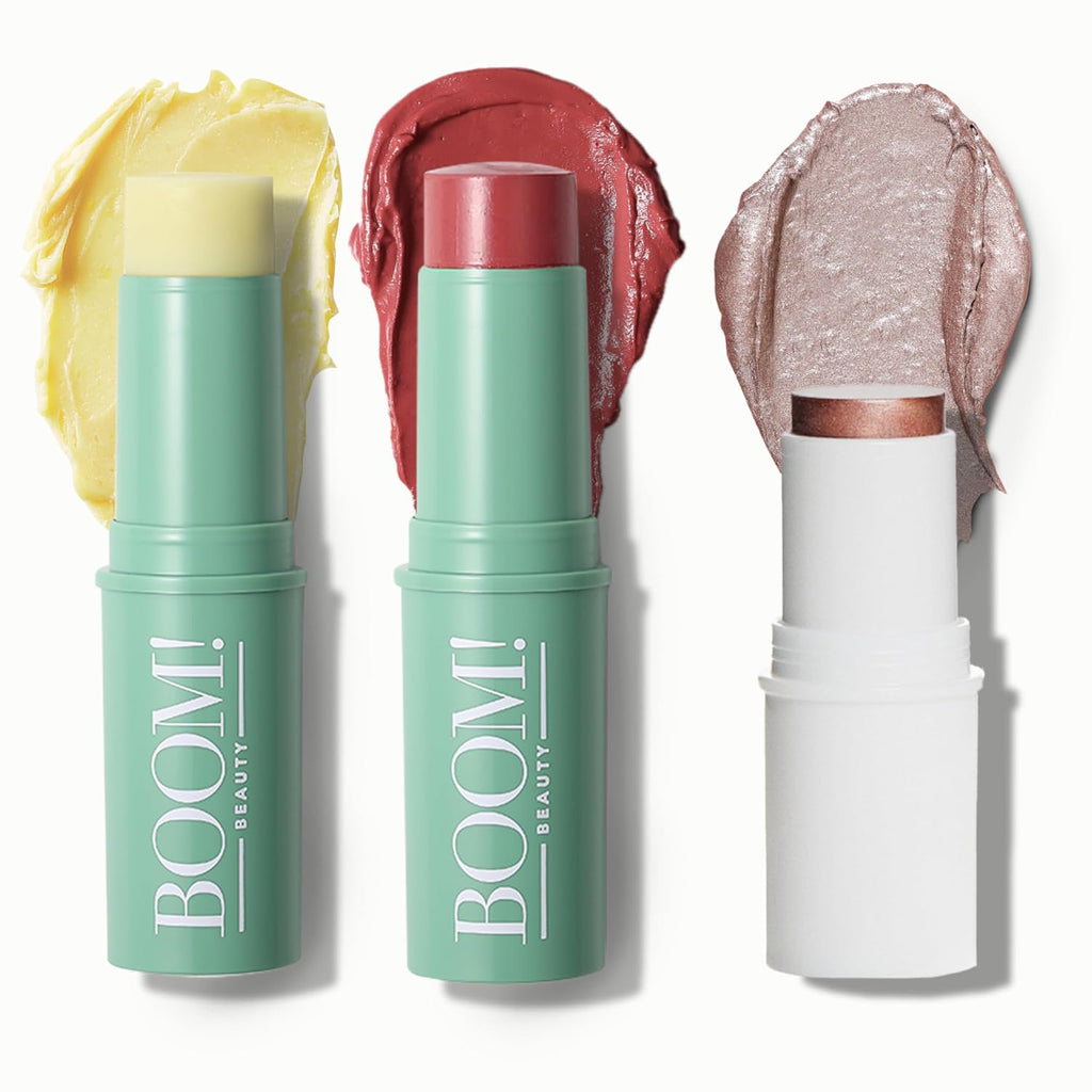 Rose Nude 3 Pack Cream Blush Makeup - Rose Nude Blush Stick, Highlighter Stick & Moisturizer for Cheeks, Eyes & Lips - Boom Sticks by Cindy Joseph for Older Women