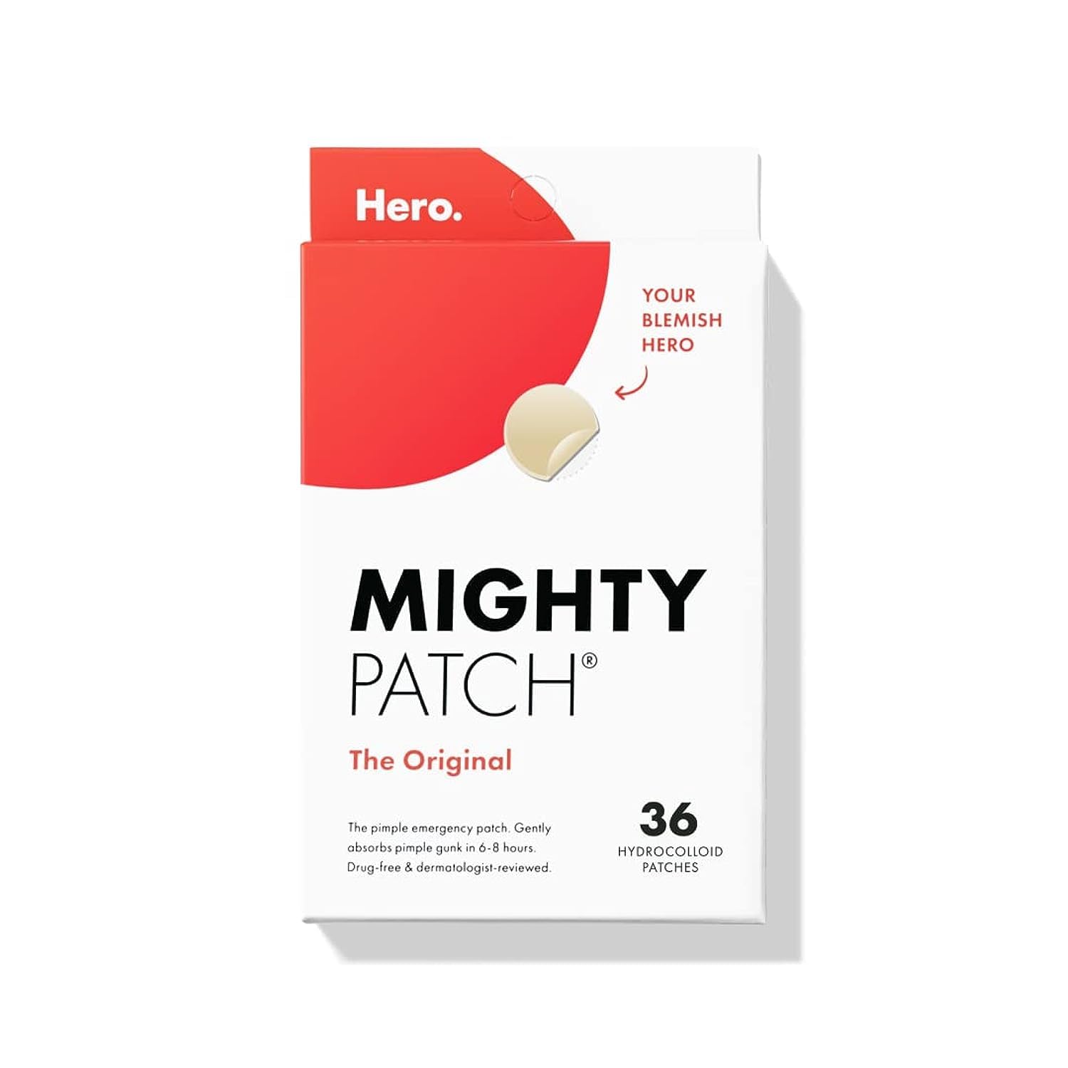 Original patch from Hero Cosmetics – The #1 Hydrocolloid Acne Pimple Patch for Shrinking Zits and Whiteheads in 1 use; Nighttime Spot Stickers for Face and Skin (36 Count)